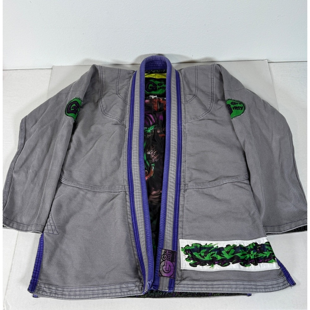 Gritty Jiu Jitsu Gi Kimono Jacket Grappling Martial Arts Grey Purple Inner Print
